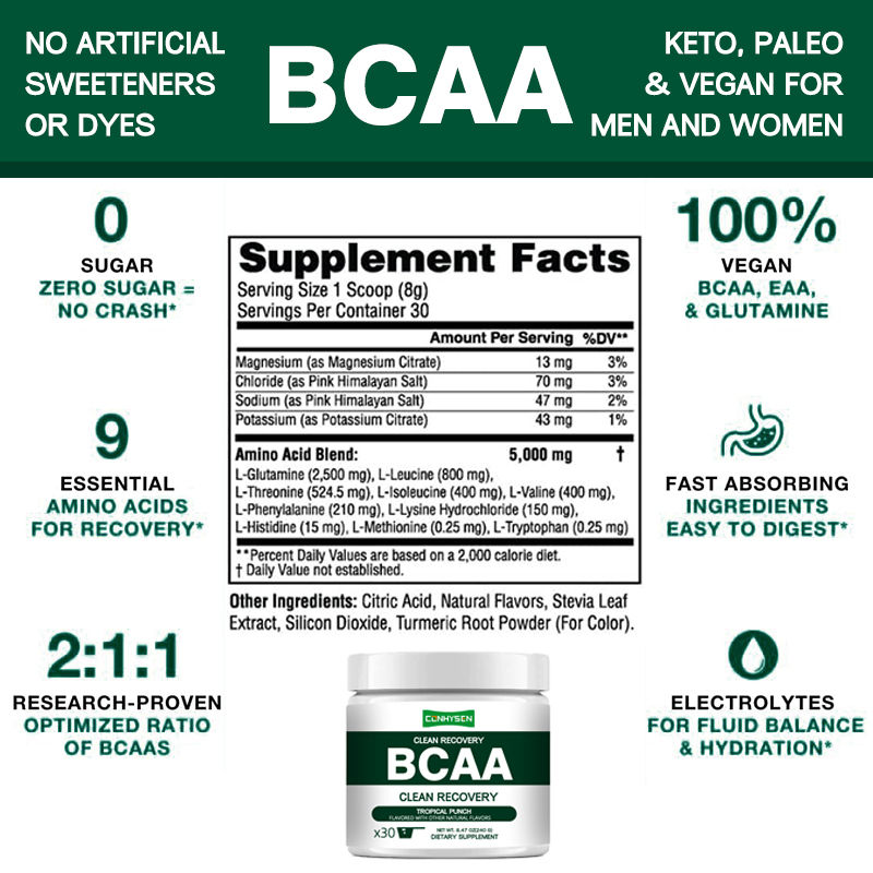 ผง BCAA สำหรับการฟื้นตัวอย่างสะอาดของฉลากส่วนตัว 9 กรดอะมิโนจำเป็น ลดอาการเจ็บและเครียด