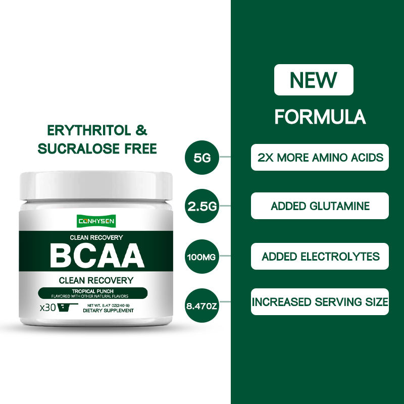 ผง BCAA สำหรับการฟื้นตัวอย่างสะอาดของฉลากส่วนตัว 9 กรดอะมิโนจำเป็น ลดอาการเจ็บและเครียด