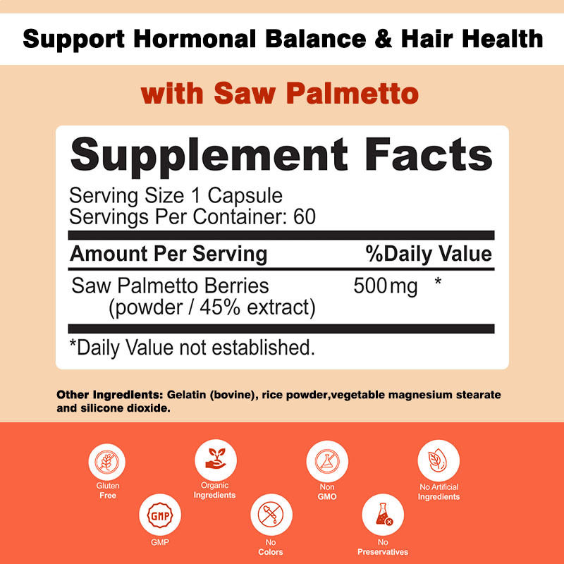 แคปซูลซอว์ปาลเมตโต Non GMO 500 มก. สนับสนุนความสมดุลของฮอร์โมน สุขภาพเส้นผม