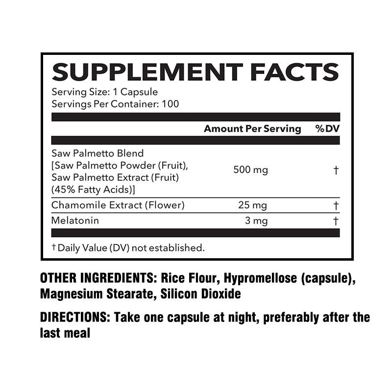 สูตร PM สําหรับการสนับสนุนการนอนหลับของต่อมลูกหมากแบบดั้งเดิม Saw Palmetto Capsules With Melatonin
