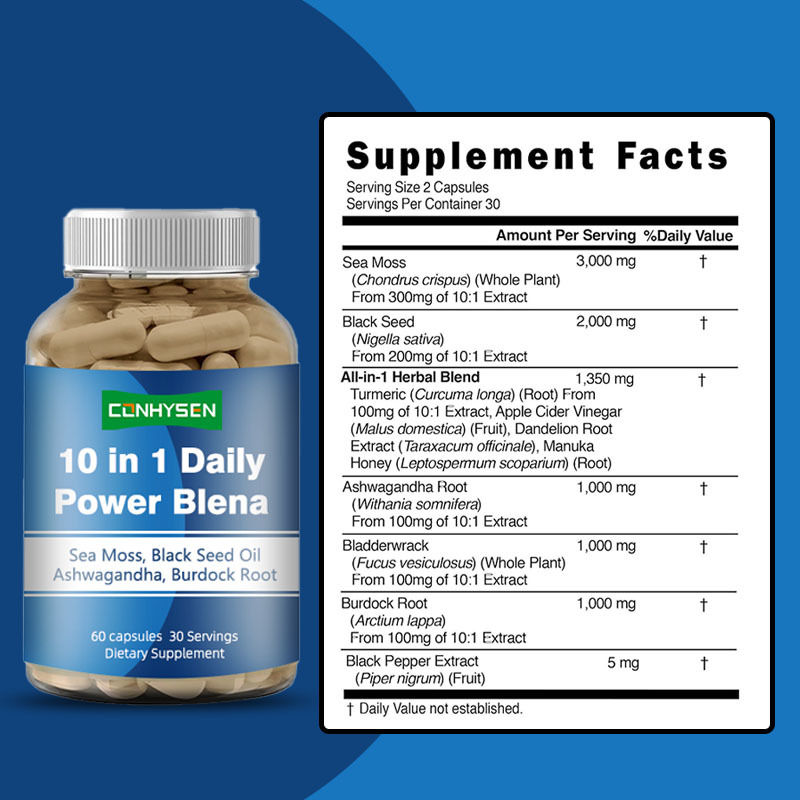 ฉลากกำหนดเอง 10-In-1 Blend ส่งเสริมระบบภูมิคุ้มกัน แคปซูล Sea Moss อาหารเสริม Ashwagandha