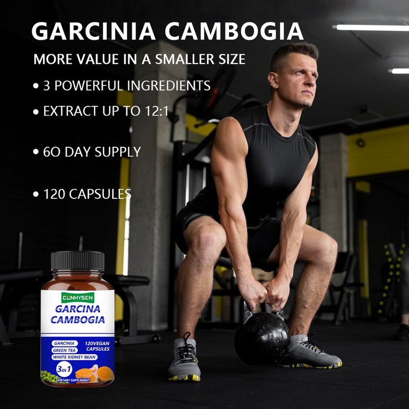 ผลิตภัณฑ์เสริมอาหาร Garcinia Cambogia Capsules 3-in-1 สำหรับแบรนด์ส่วนตัว ช่วยรักษาสมดุลของร่างกายด้วยชาเขียว