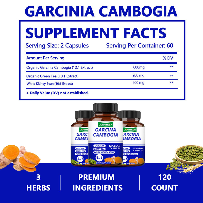 ผลิตภัณฑ์เสริมอาหาร Garcinia Cambogia Capsules 3-in-1 สำหรับแบรนด์ส่วนตัว ช่วยรักษาสมดุลของร่างกายด้วยชาเขียว