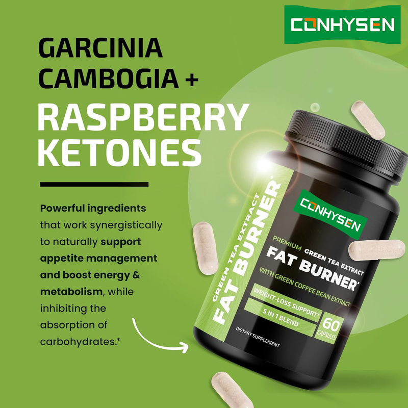 พรีเมียม 5 ใน 1 เครื่องเผาไขมันผสมกับสารสกัดจากชาเขียว Garcinia Cambogia Raspberry Ketones การสนับสนุนการลดน้ําหนักธรรมชาติ