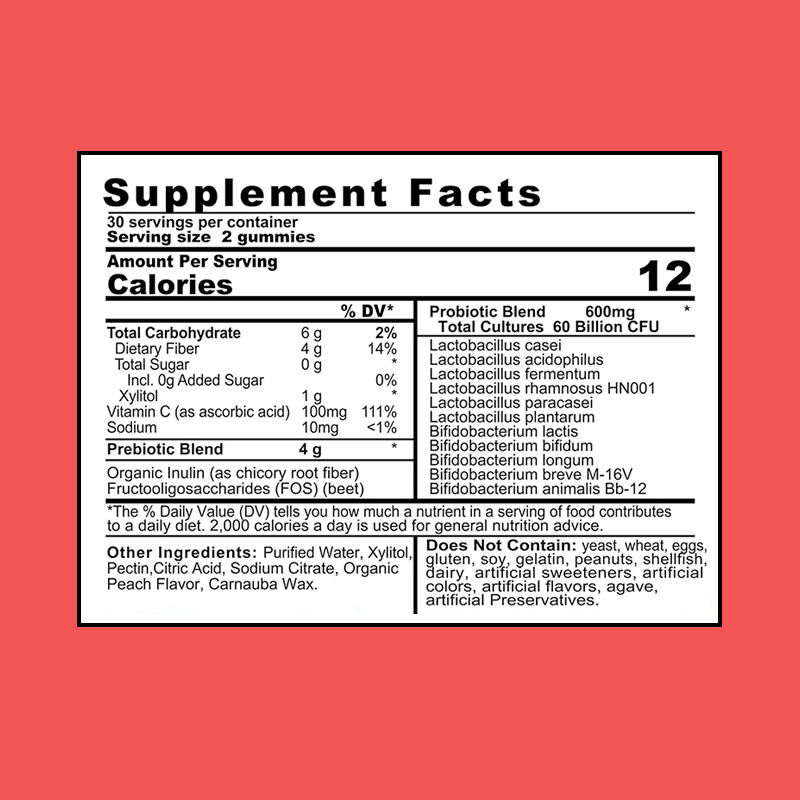 OEM/ODM กัมมี่พรีไบโอติกและโปรไบโอติก 4g เสริมภูมิคุ้มกัน 60 พันล้าน CFU ช่วยเสริมสุขภาพลำไส้ พร้อมคุณสมบัติสารต้านอนุมูลอิสระสำหรับผู้ใหญ่