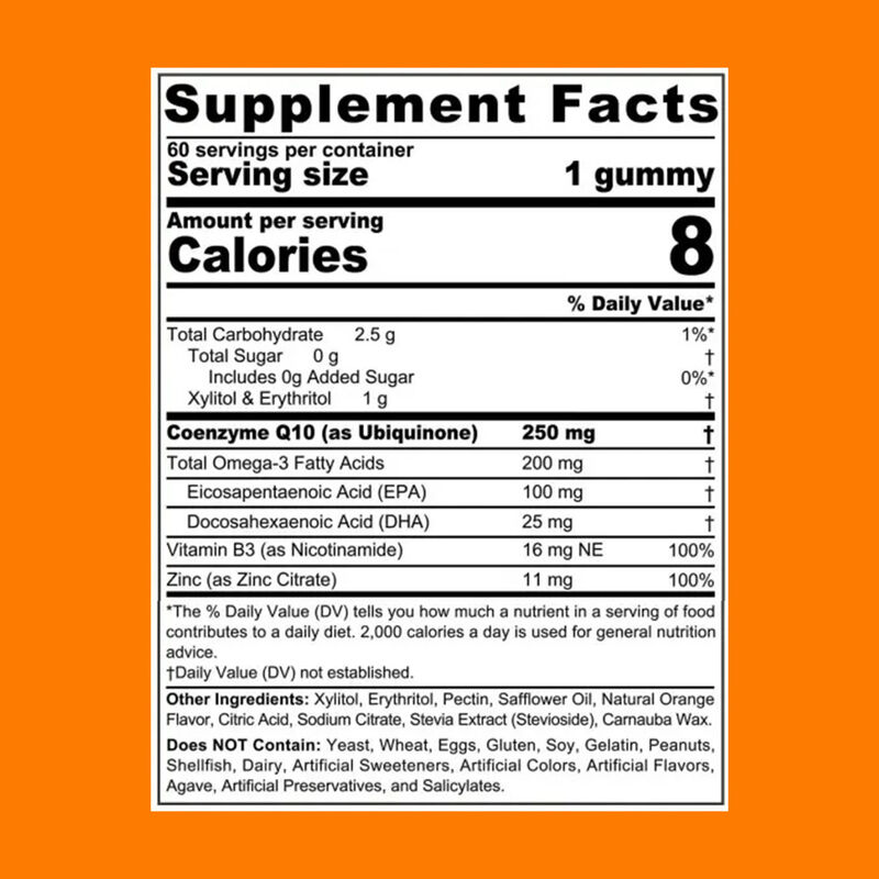 วิตามินกัมมี่ Vigo-COQ10 250 มก. ผสมโอเมก้า 3 วิตามินบี 3 และสังกะสี โคเอนไซม์คิวเทน สำหรับสุขภาพหัวใจและพลังงานระดับเซลล์