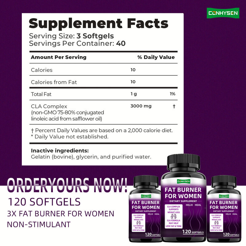 แคปซูลเผาผลาญไขมัน CLA ซับซ้อนอาหารเสริม ส่งเสริมกล้ามเนื้อสําหรับผู้หญิง ยาลดน้ําหนัก อาหารใย