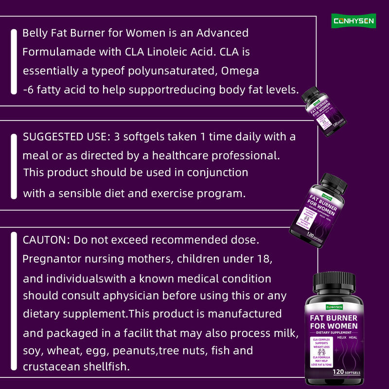 แคปซูลเผาผลาญไขมัน CLA ซับซ้อนอาหารเสริม ส่งเสริมกล้ามเนื้อสําหรับผู้หญิง ยาลดน้ําหนัก อาหารใย